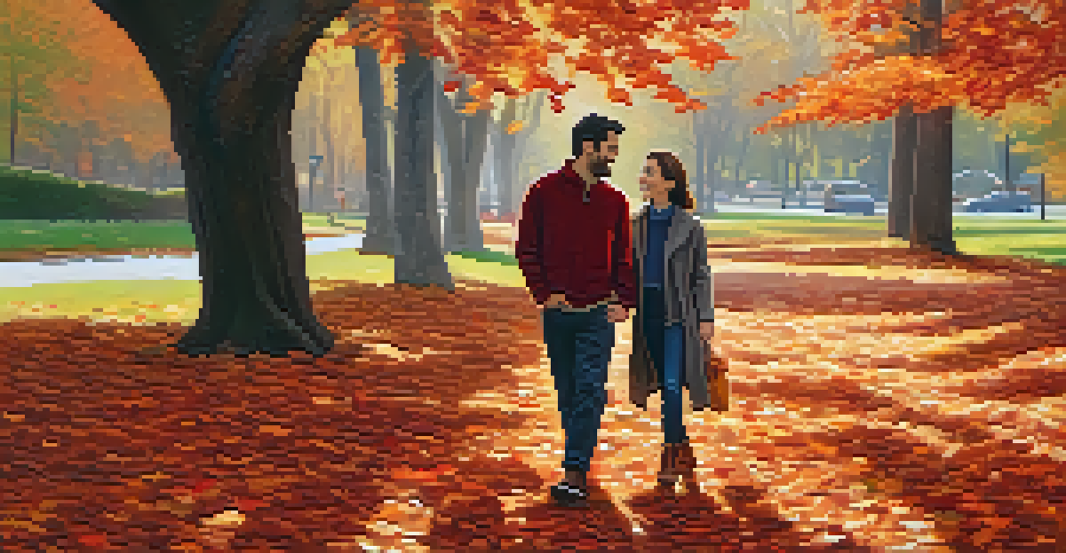 Two friends walking in an autumn park, engaged in a deep conversation amidst vibrant fall foliage.