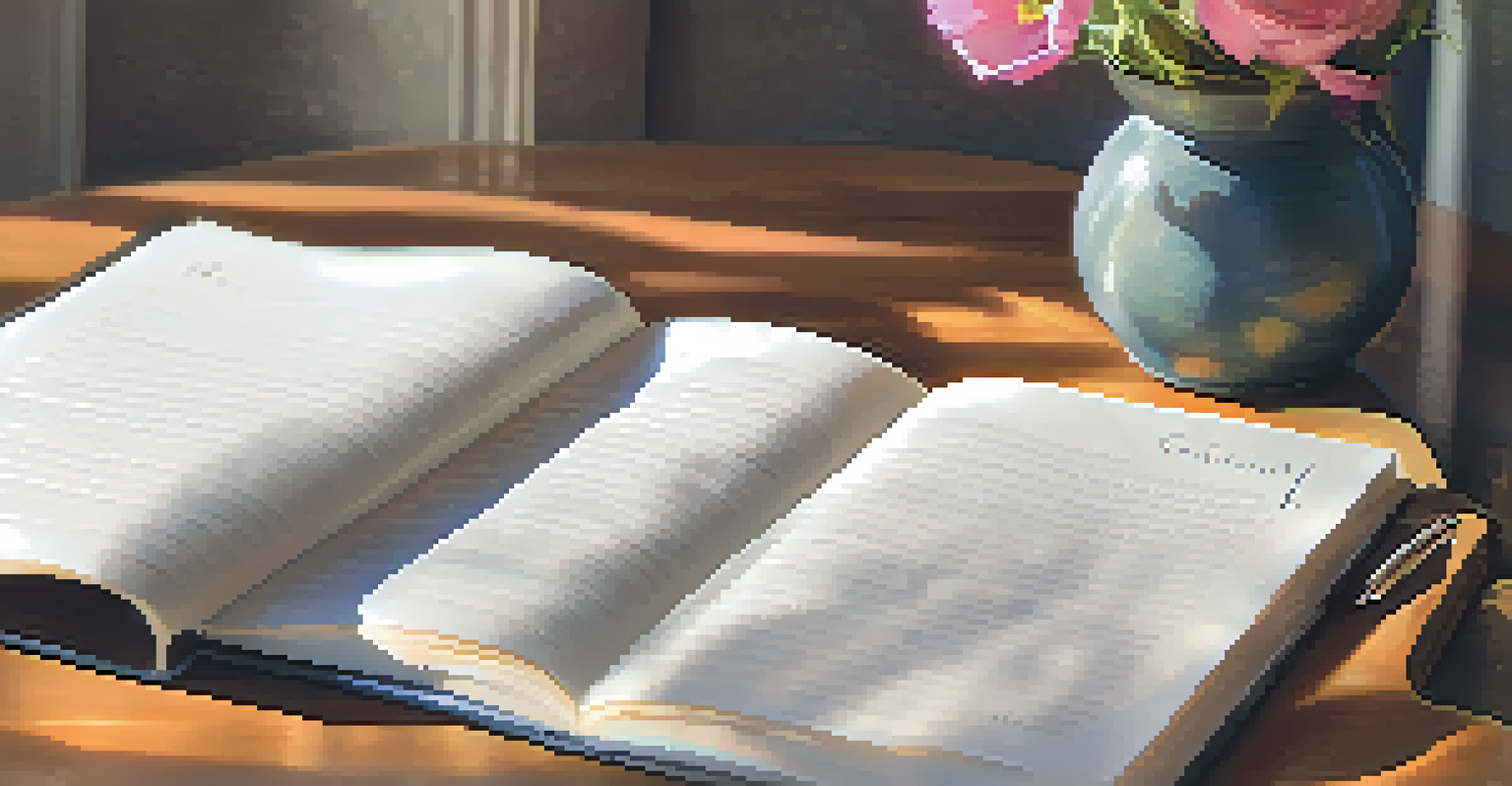A close-up of an open gratitude journal with handwritten notes and a vase of flowers on a wooden table.