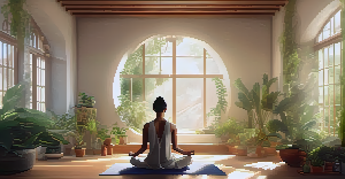 A person meditating in a bright, peaceful room filled with plants and soft sunlight, promoting a sense of calm and mindfulness.