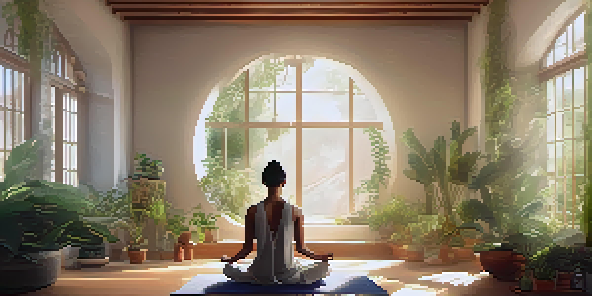 A person meditating in a bright, peaceful room filled with plants and soft sunlight, promoting a sense of calm and mindfulness.