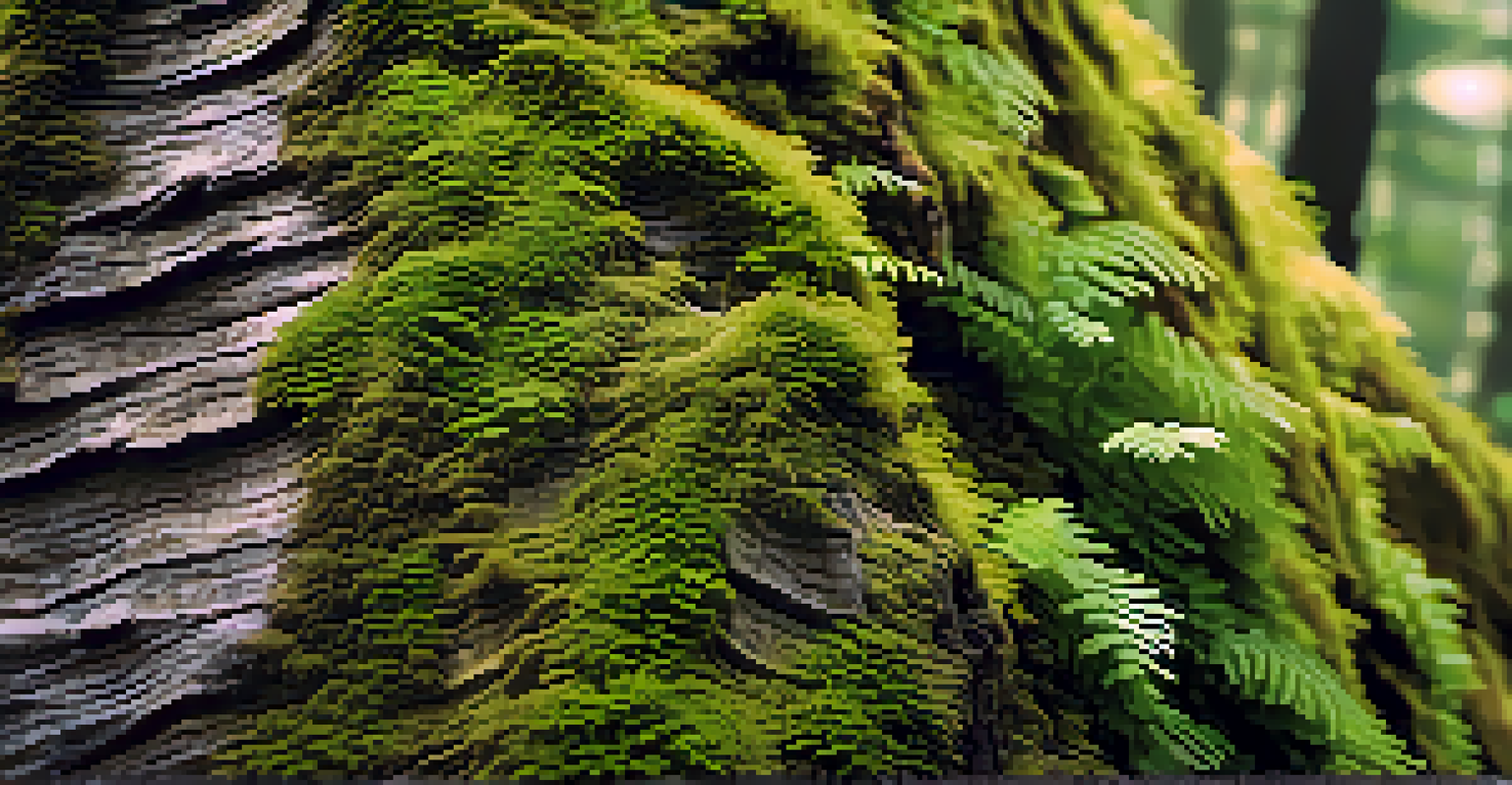 A close-up of tree bark with moss and ferns, illuminated by soft sunlight.