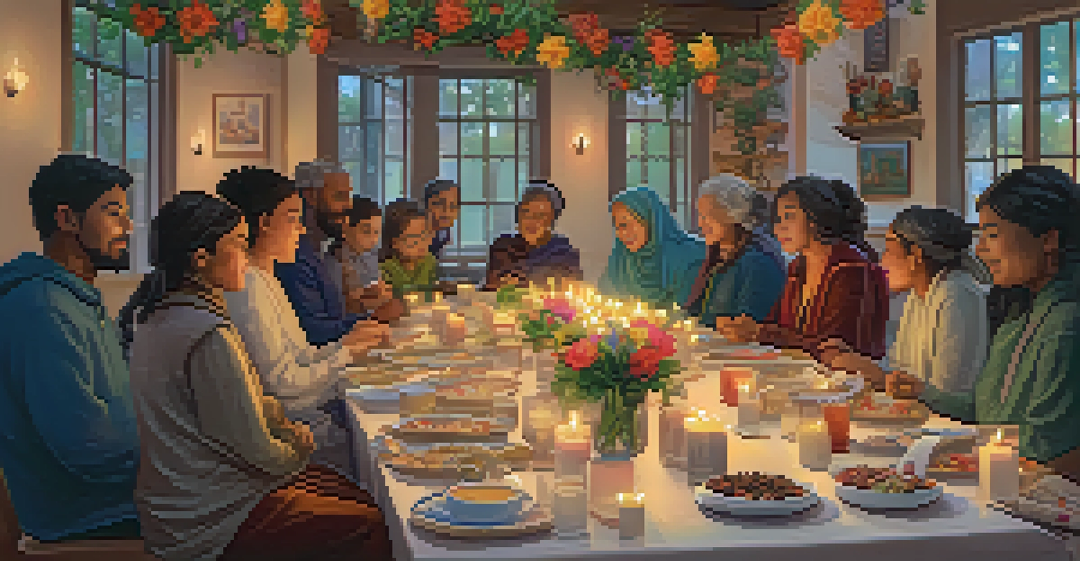 People of different faiths sitting around a table in a community center, sharing stories over tea, with candles and flowers on the table.