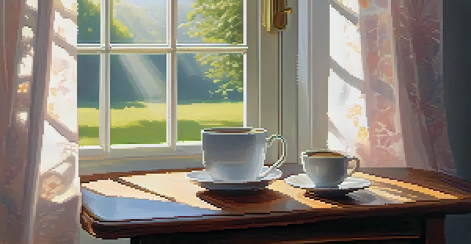 A cup of coffee on a wooden table by a window with sunlight filtering through curtains, overlooking a garden.