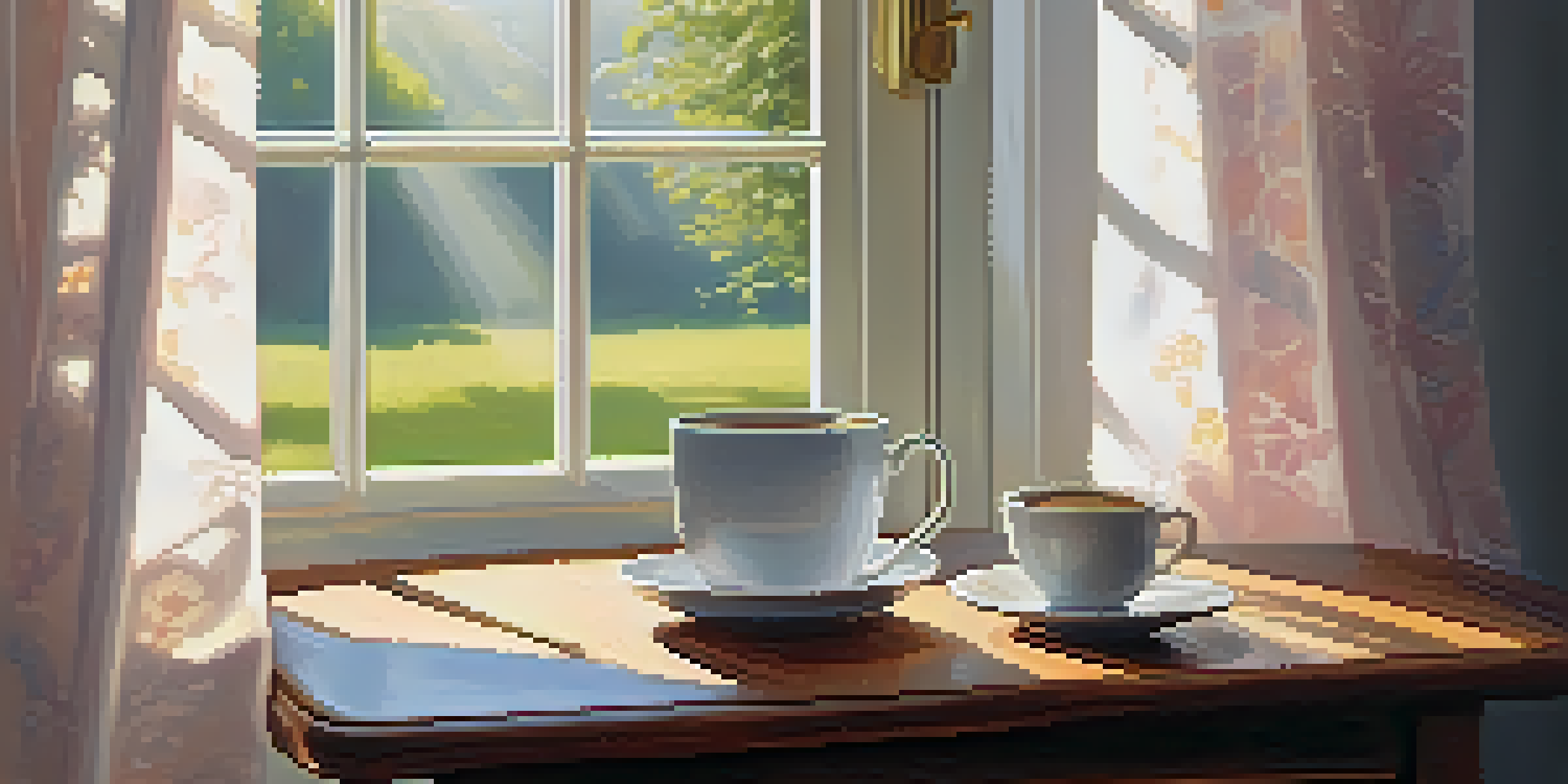 A cup of coffee on a wooden table by a window with sunlight filtering through curtains, overlooking a garden.