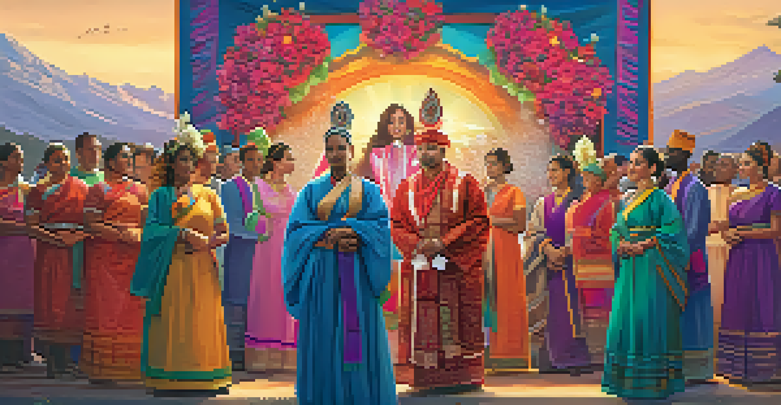 A diverse group of individuals in traditional and modern attire holding hands in a colorful ritual celebrating gender inclusivity, with a sunset background.