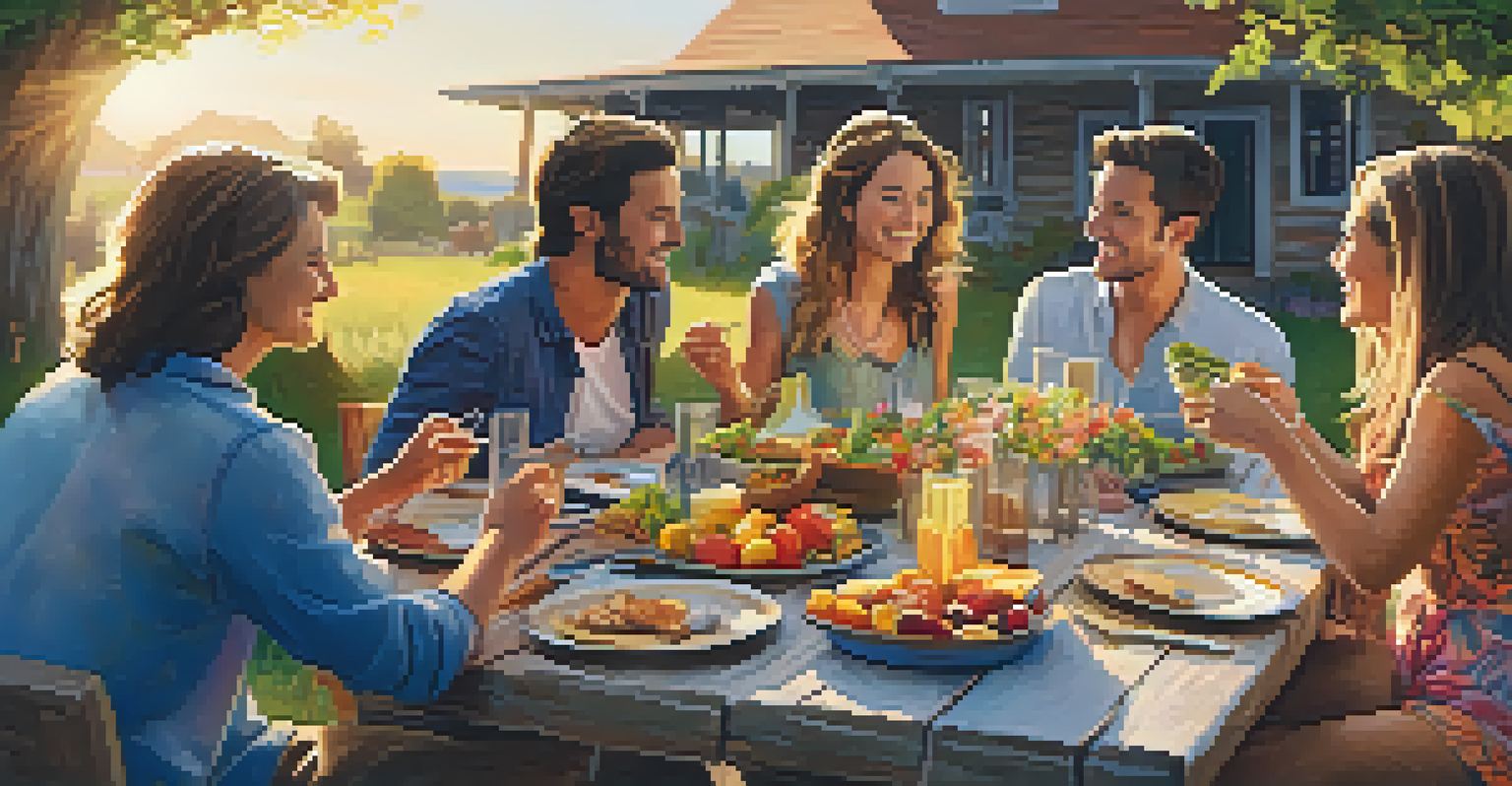 A group of friends enjoying a potluck dinner at a rustic table during sunset.