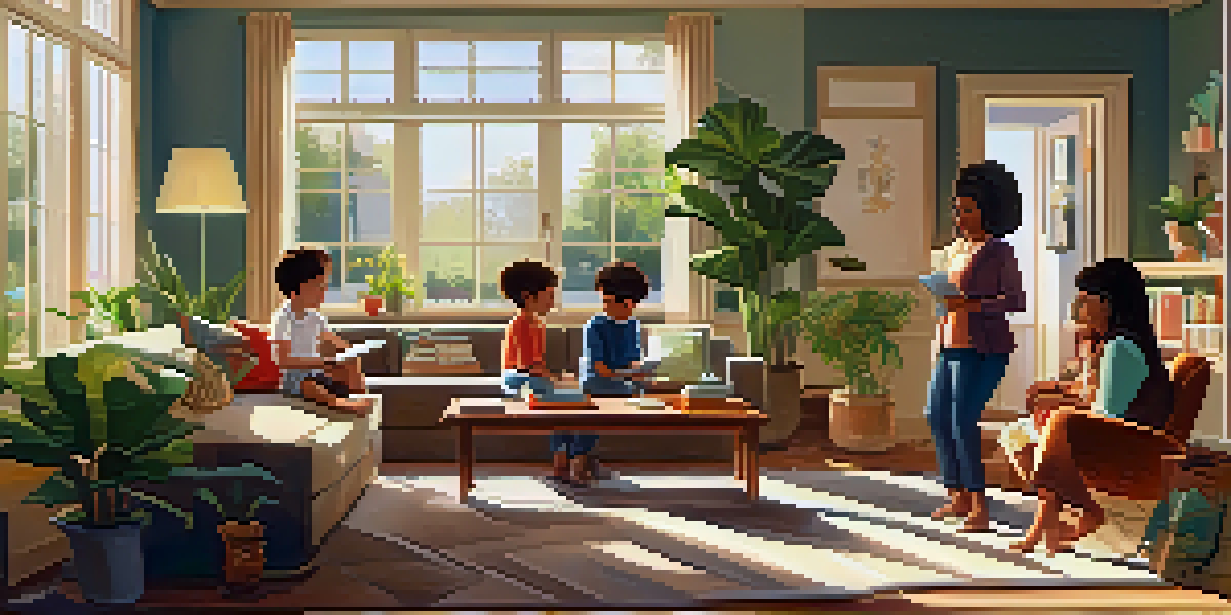 A family sitting together in a bright living room, having a meaningful conversation, with sunlight pouring in through the windows.