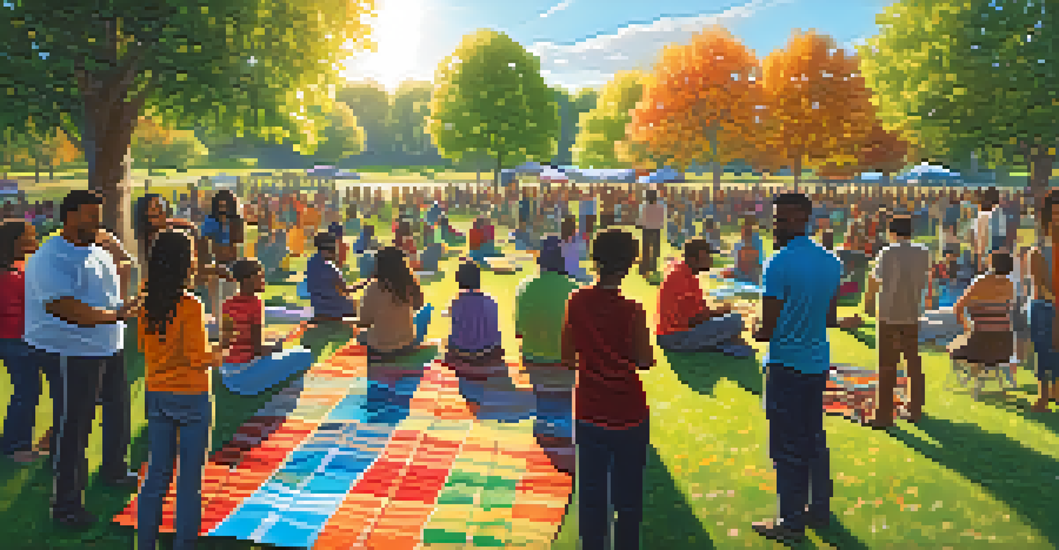 A diverse group of people in a park holding hands in a circle for communal prayer, surrounded by nature.