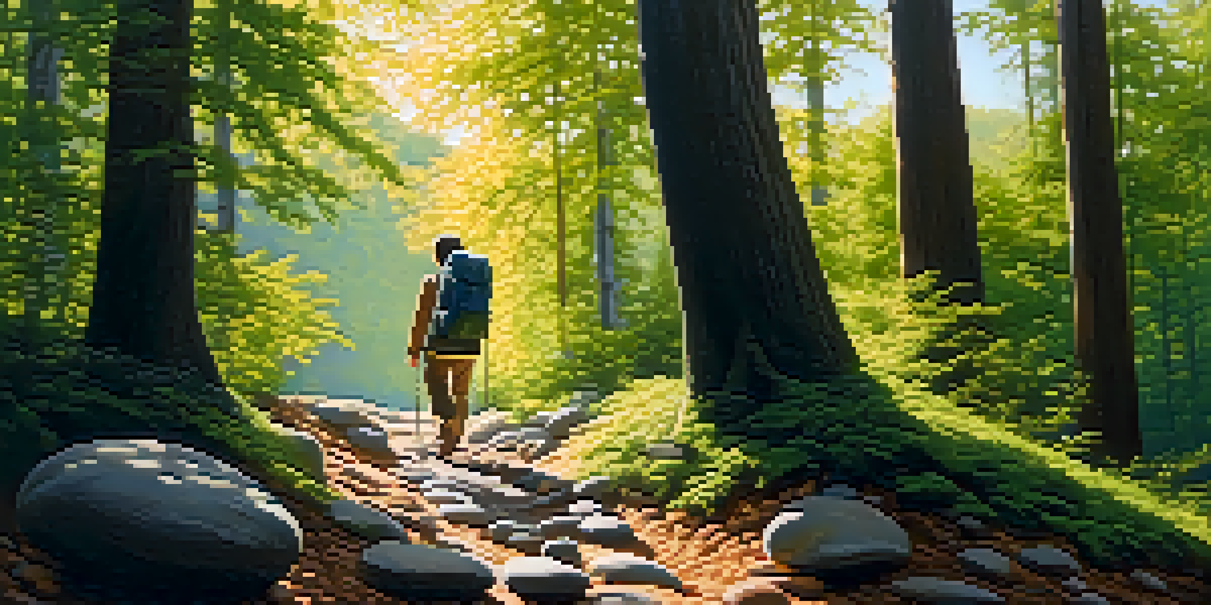 A person walking in a sunlit forest, taking stones out of a backpack, representing the act of forgiveness.