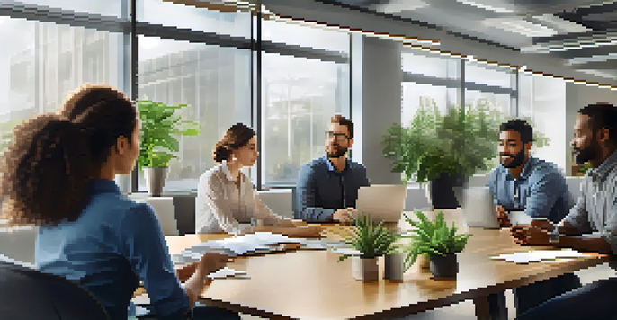 A diverse group of employees engaged in a supportive discussion in a bright and modern office.