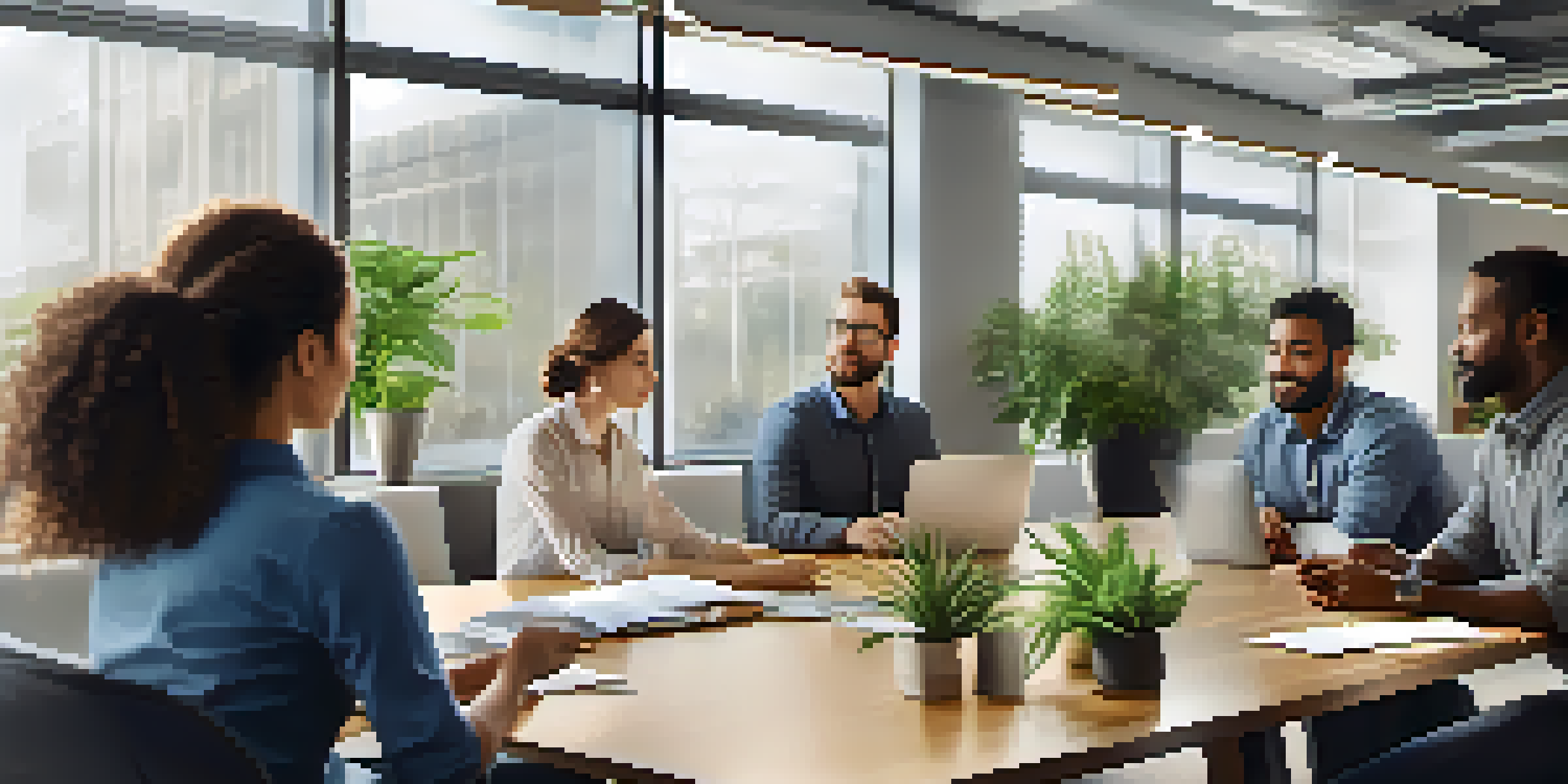 A diverse group of employees engaged in a supportive discussion in a bright and modern office.
