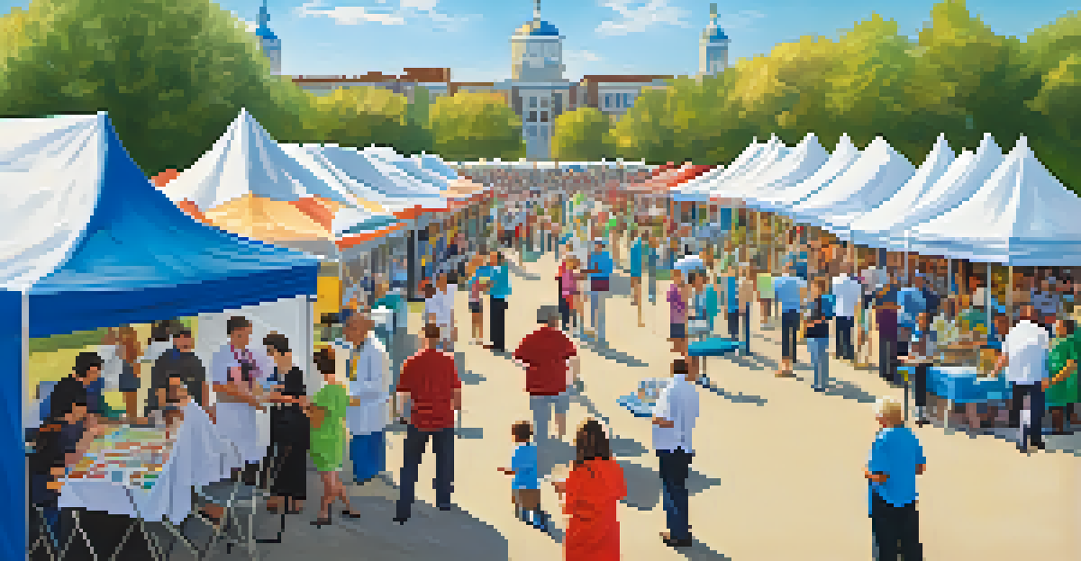 An outdoor health fair with colorful tents and community members receiving health screenings and information.