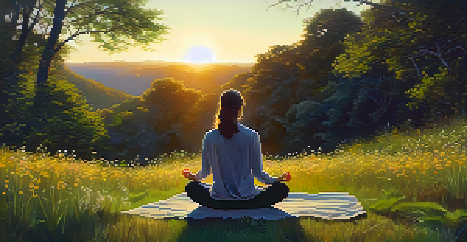 A person meditating outdoors among wildflowers and trees, with a golden sunset in the background.