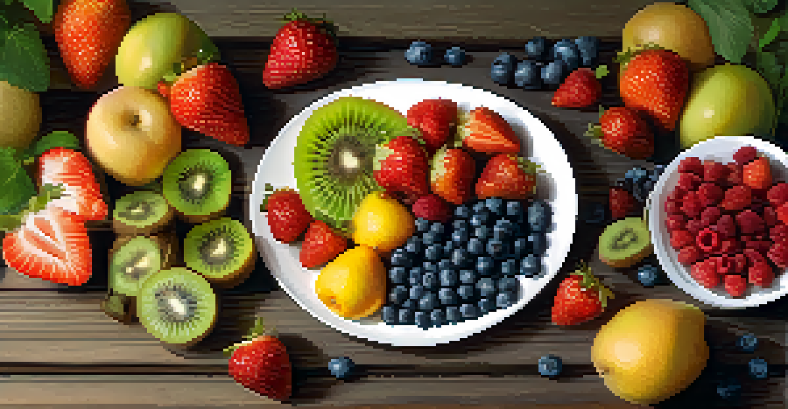 An overhead view of a colorful fruit arrangement on a plate with a hand reaching for a piece.