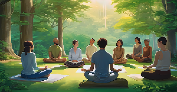 A diverse group of individuals meditating together in a serene digital environment, with nature visuals and soft lighting creating a peaceful atmosphere.