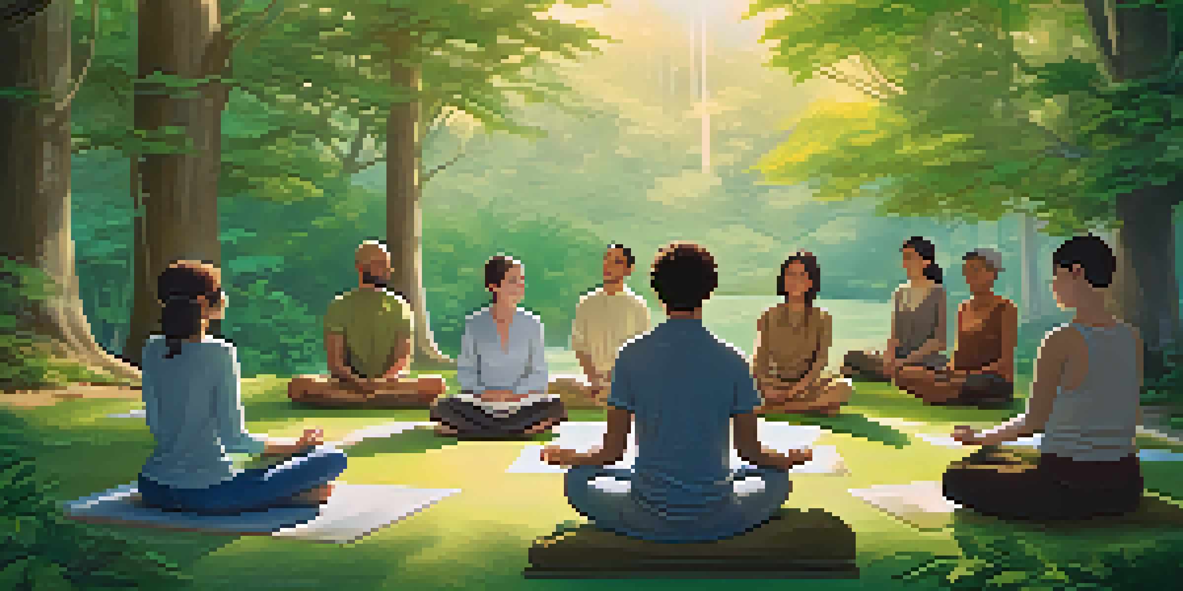 A diverse group of individuals meditating together in a serene digital environment, with nature visuals and soft lighting creating a peaceful atmosphere.