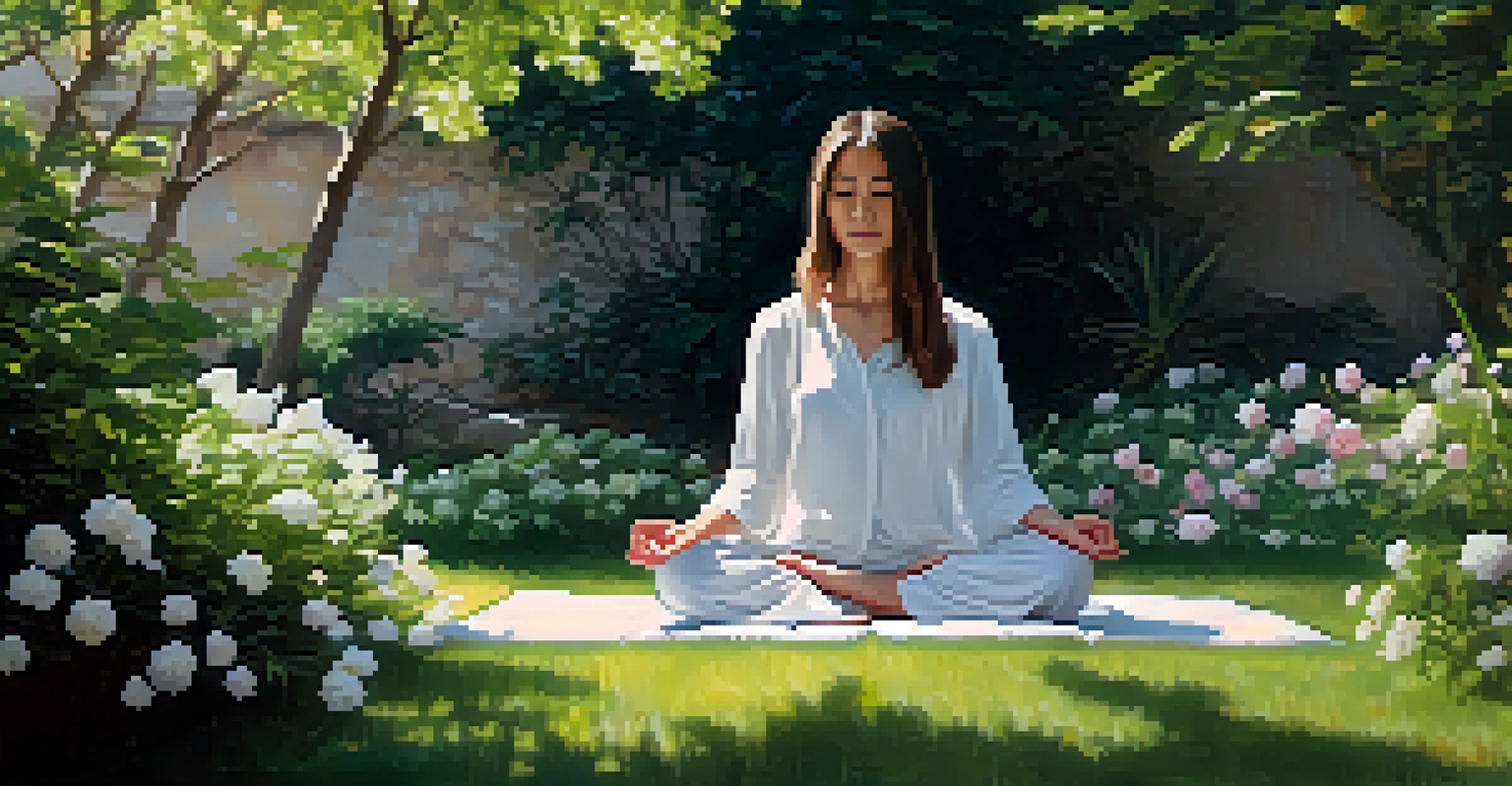 A person meditating in a flower-filled garden, radiating peace and calm.