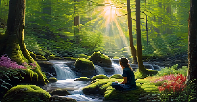 A person meditating in a peaceful forest with sunlight filtering through the trees and colorful wildflowers around.