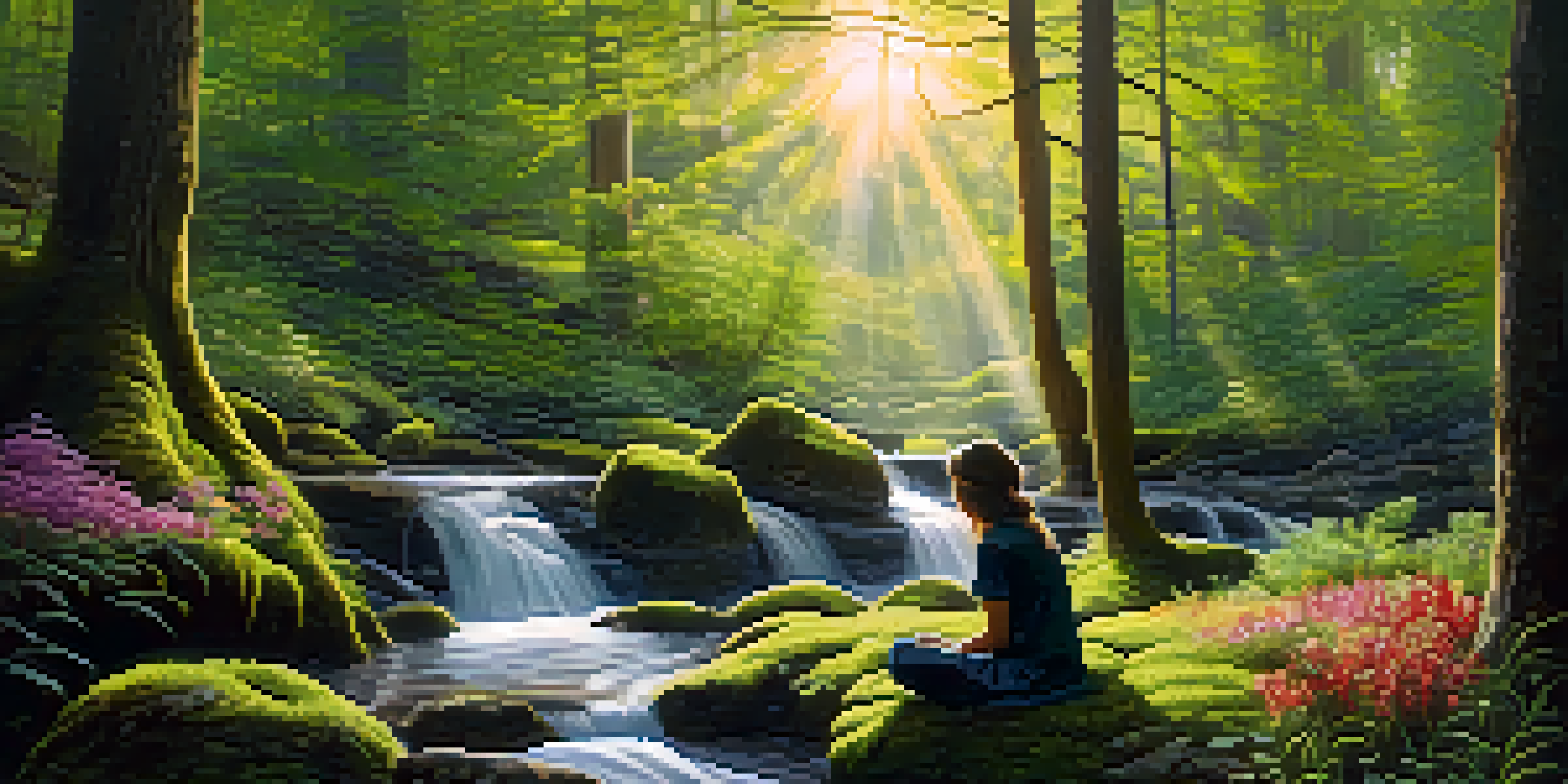 A person meditating in a peaceful forest with sunlight filtering through the trees and colorful wildflowers around.