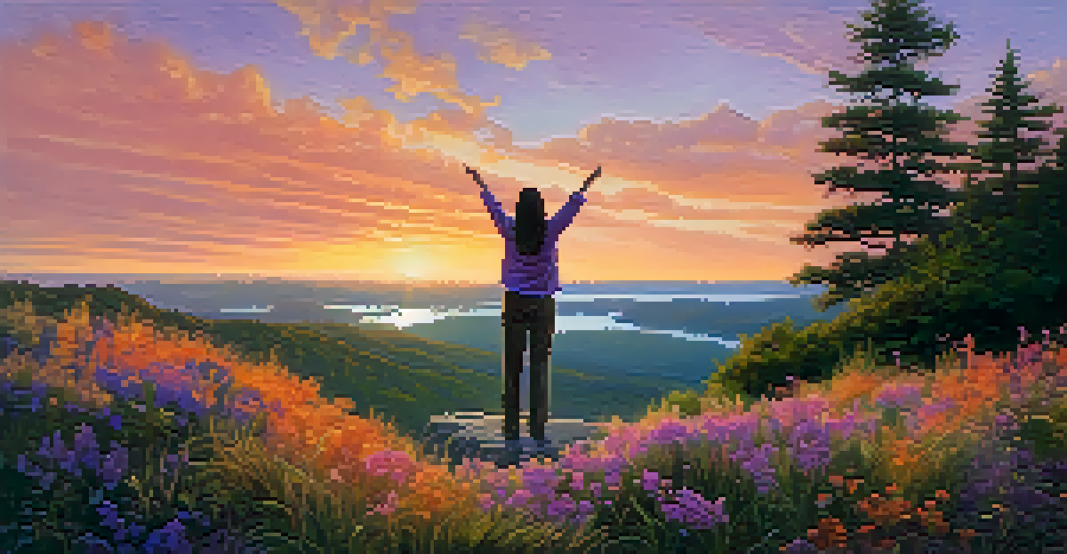 A person standing on a cliff at sunset, overlooking a lake and landscape, with arms outstretched in an inspirational pose.