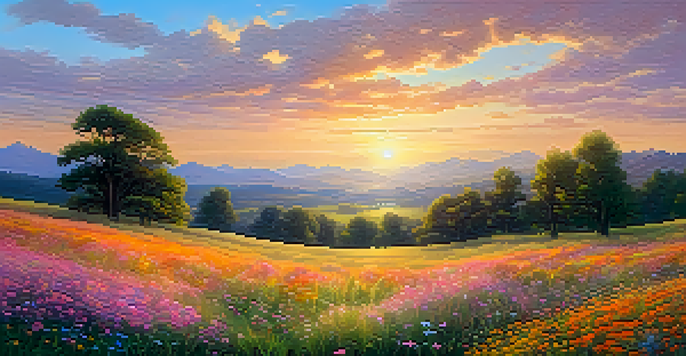 A peaceful meadow at sunset with a diverse group of people engaging in acts of kindness and sharing, surrounded by vibrant wildflowers.