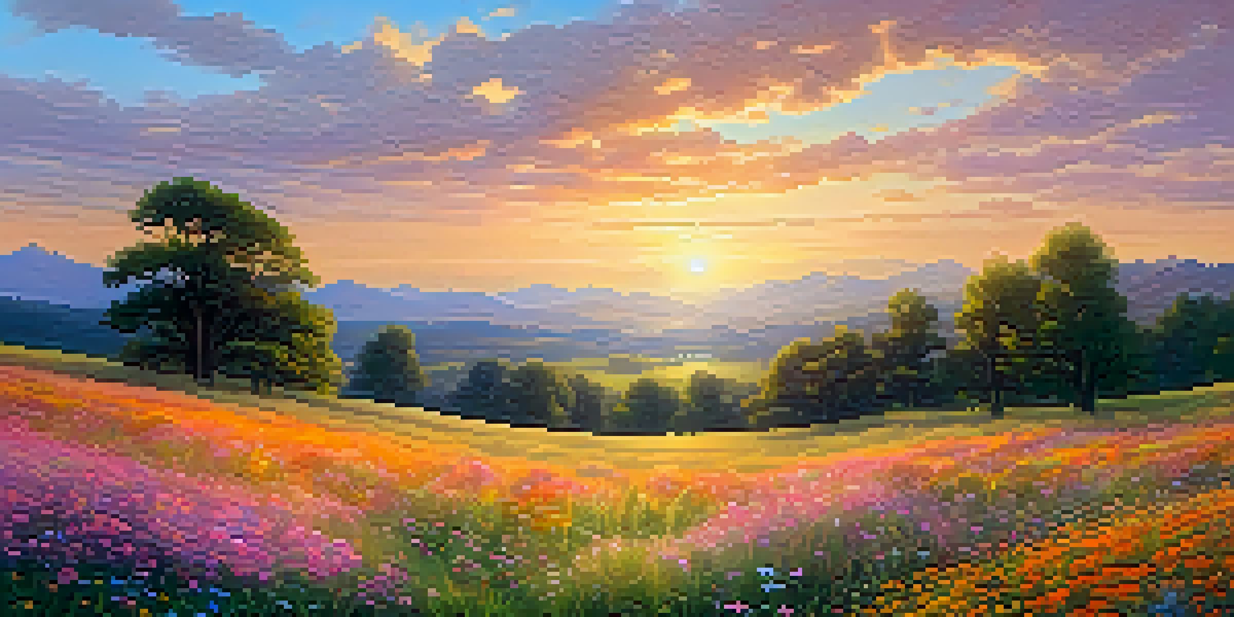 A peaceful meadow at sunset with a diverse group of people engaging in acts of kindness and sharing, surrounded by vibrant wildflowers.