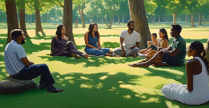 A diverse group of people sitting in a circle in a green park, engaged in peaceful dialogue with empathetic expressions.