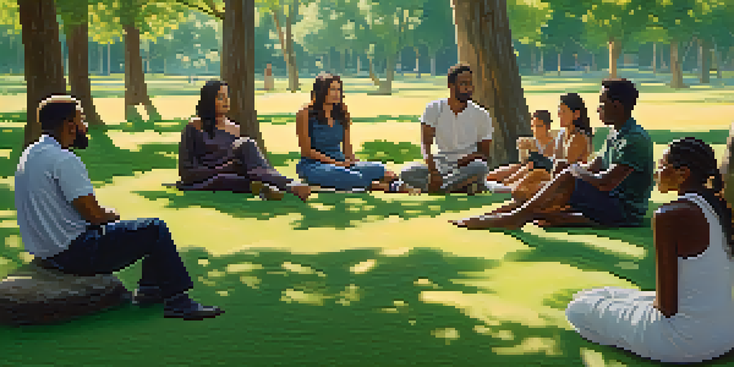 A diverse group of people sitting in a circle in a green park, engaged in peaceful dialogue with empathetic expressions.