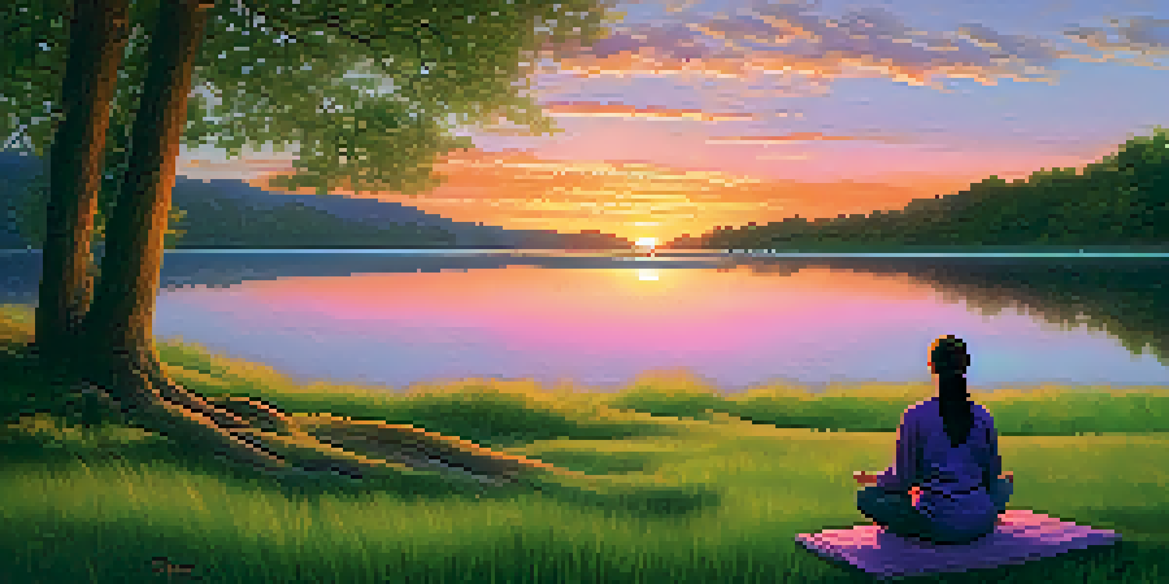A peaceful scene with a person meditating by a tranquil lake during a colorful sunset, symbolizing forgiveness and serenity.