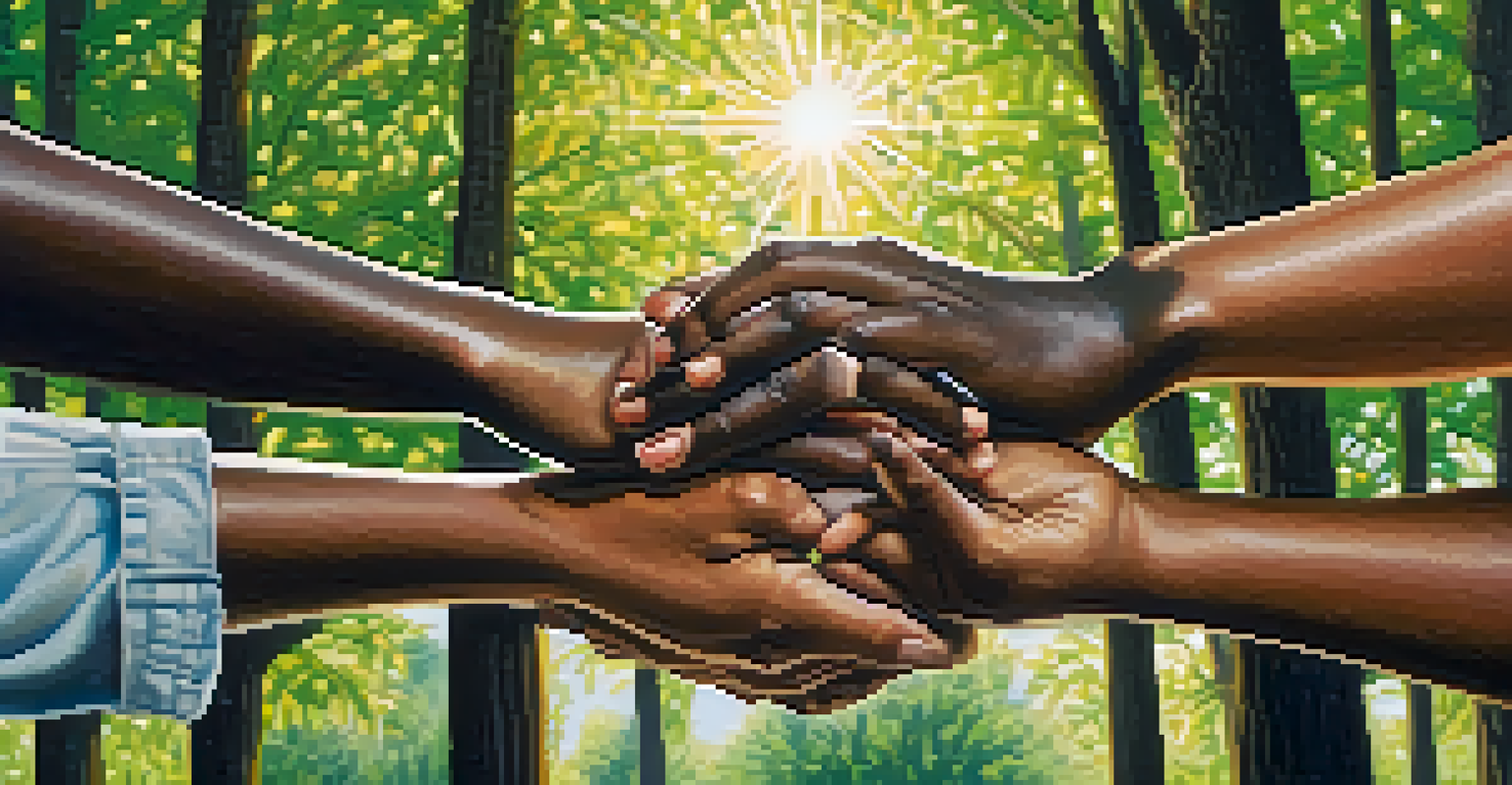 Close-up of diverse hands joined in prayer in a circle in a park, symbolizing unity and community.