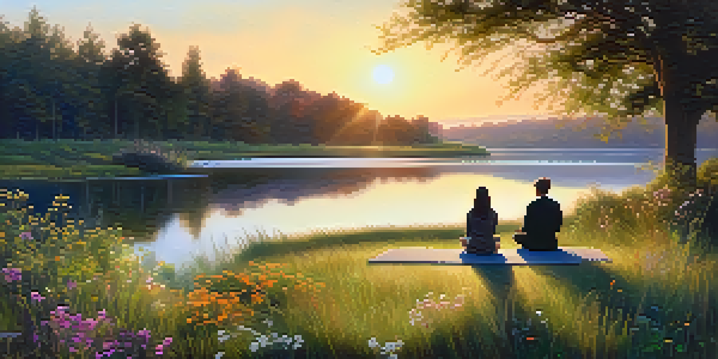 A peaceful meditation scene in nature with a person sitting cross-legged on a stone near a calm lake at sunrise.