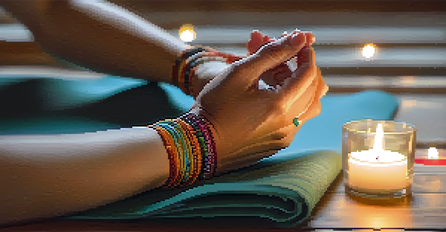 Close-up of hands in a mudra position on a yoga mat, with candles and essential oils in the background.