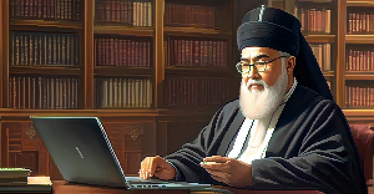 A religious leader sitting at a desk with a laptop, engaging in an online discussion, surrounded by books in a cozy room.