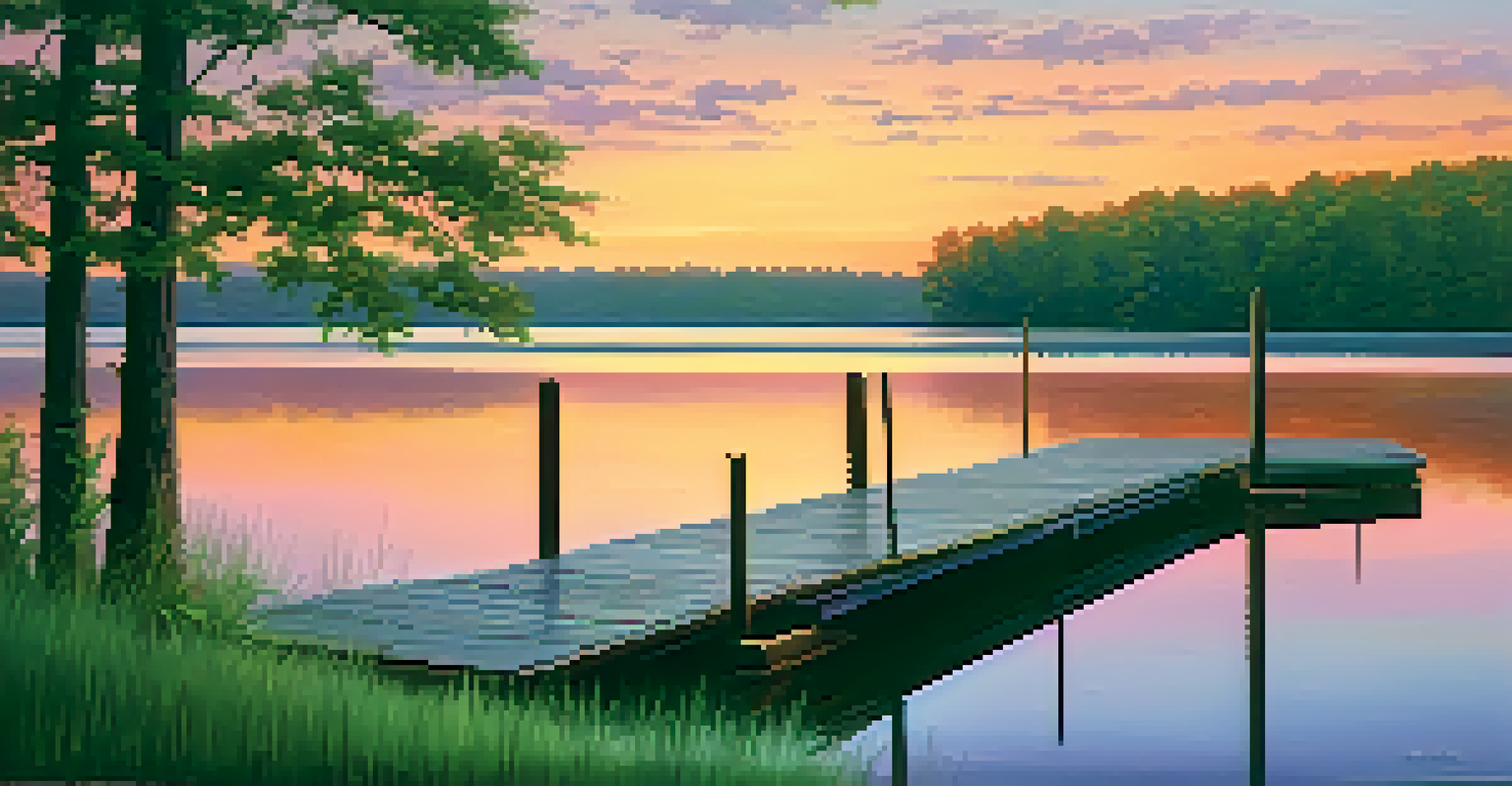 A peaceful sunset over a calm lake with colorful reflections and green trees framing the scene.