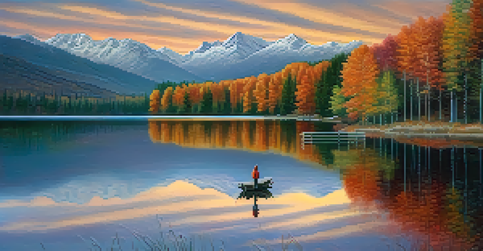 A person standing by a peaceful lake surrounded by mountains and autumn trees at sunrise.