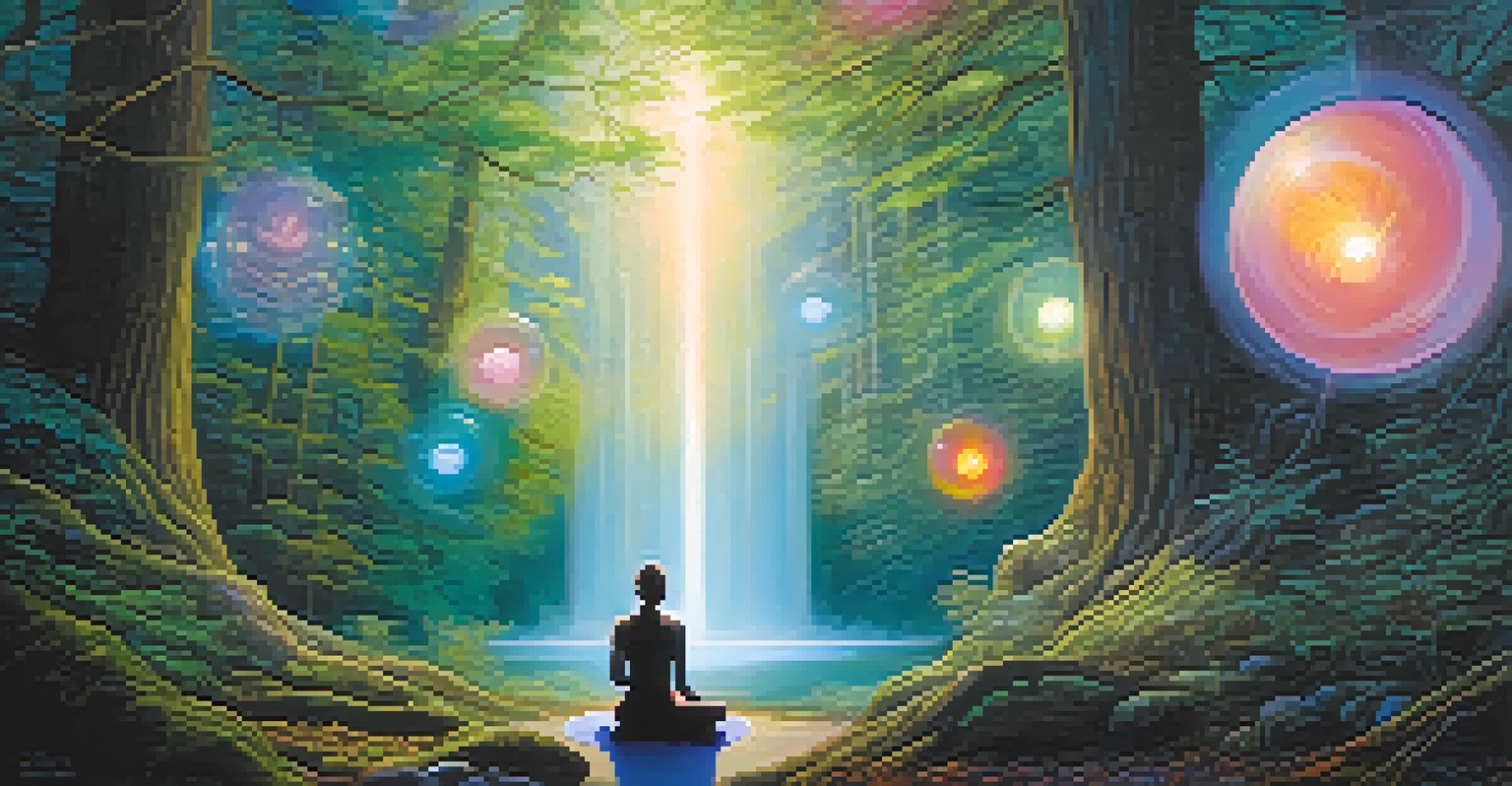 A mystical forest with a meditating figure surrounded by glowing orbs and colors, representing a personal encounter with the divine.