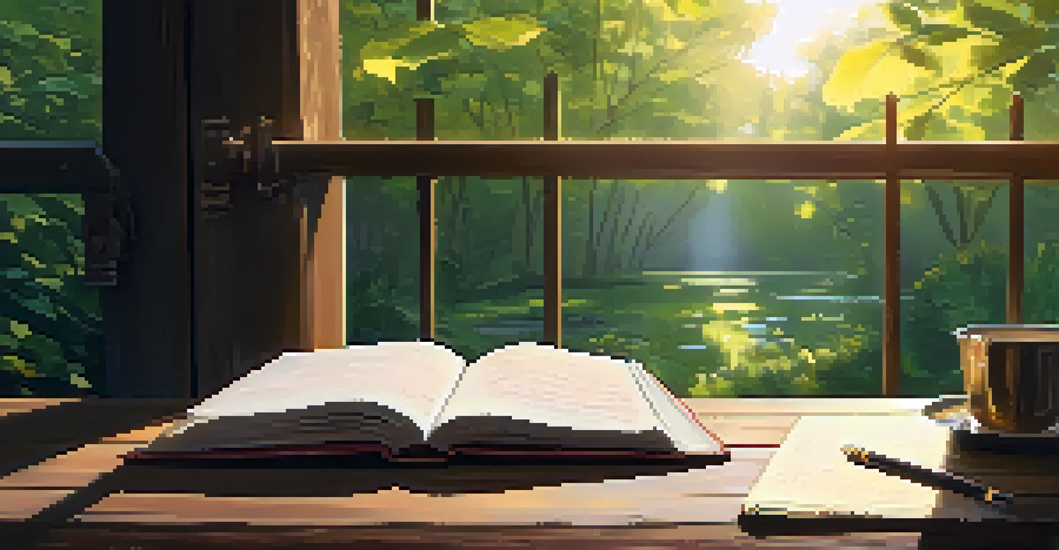 An open journal with handwritten notes and a cup of tea on a wooden table, surrounded by natural elements.