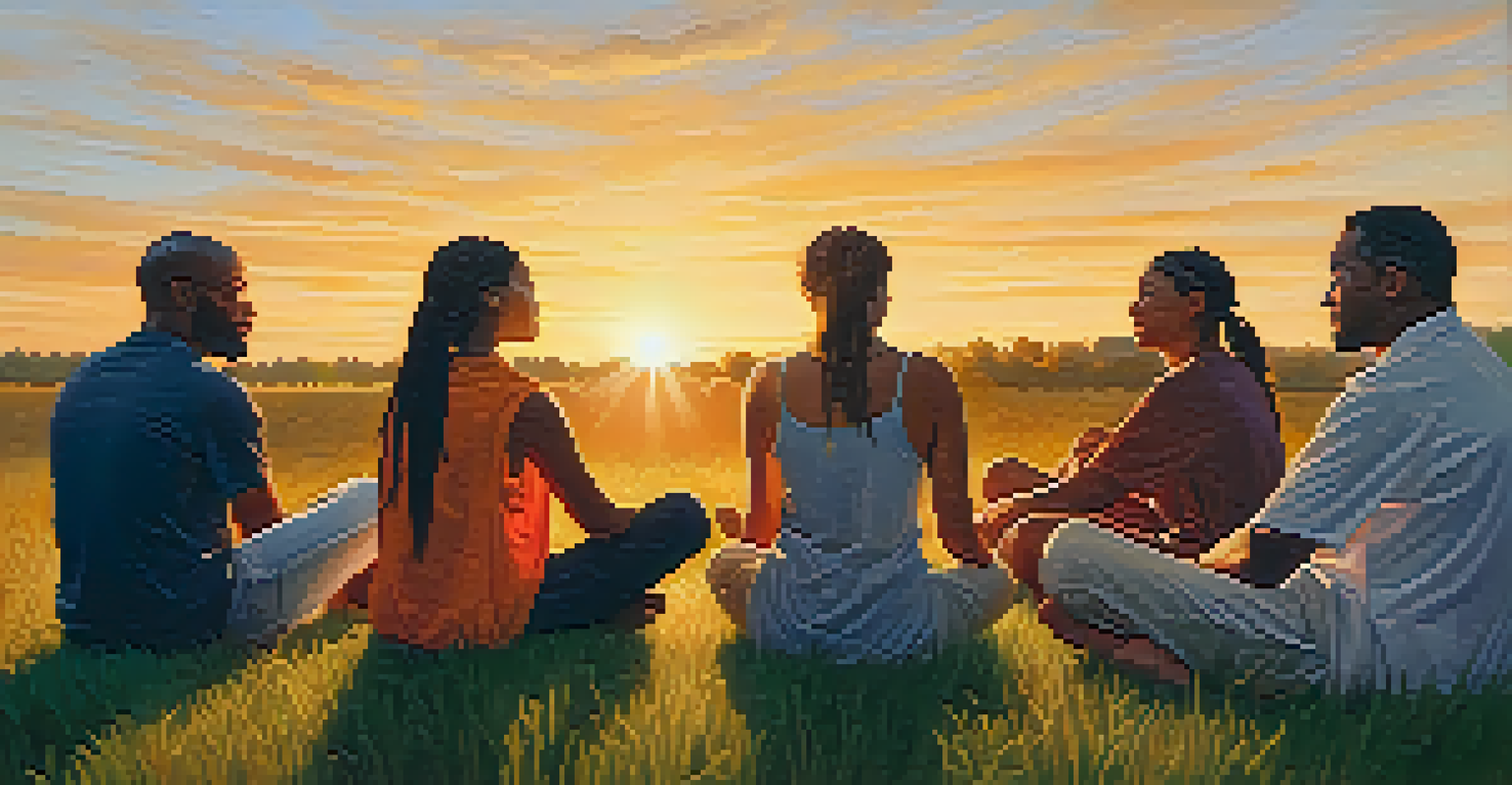 A diverse group of people sitting in a circle on grass, sharing stories at sunset, with warm light illuminating their faces.