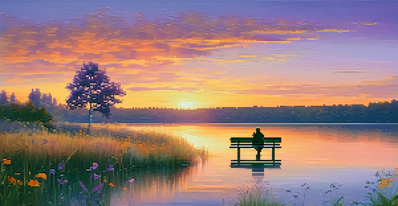 A person sitting on a bench by a peaceful lake during sunset, with vibrant colors reflected in the water and surrounded by grasses and wildflowers.