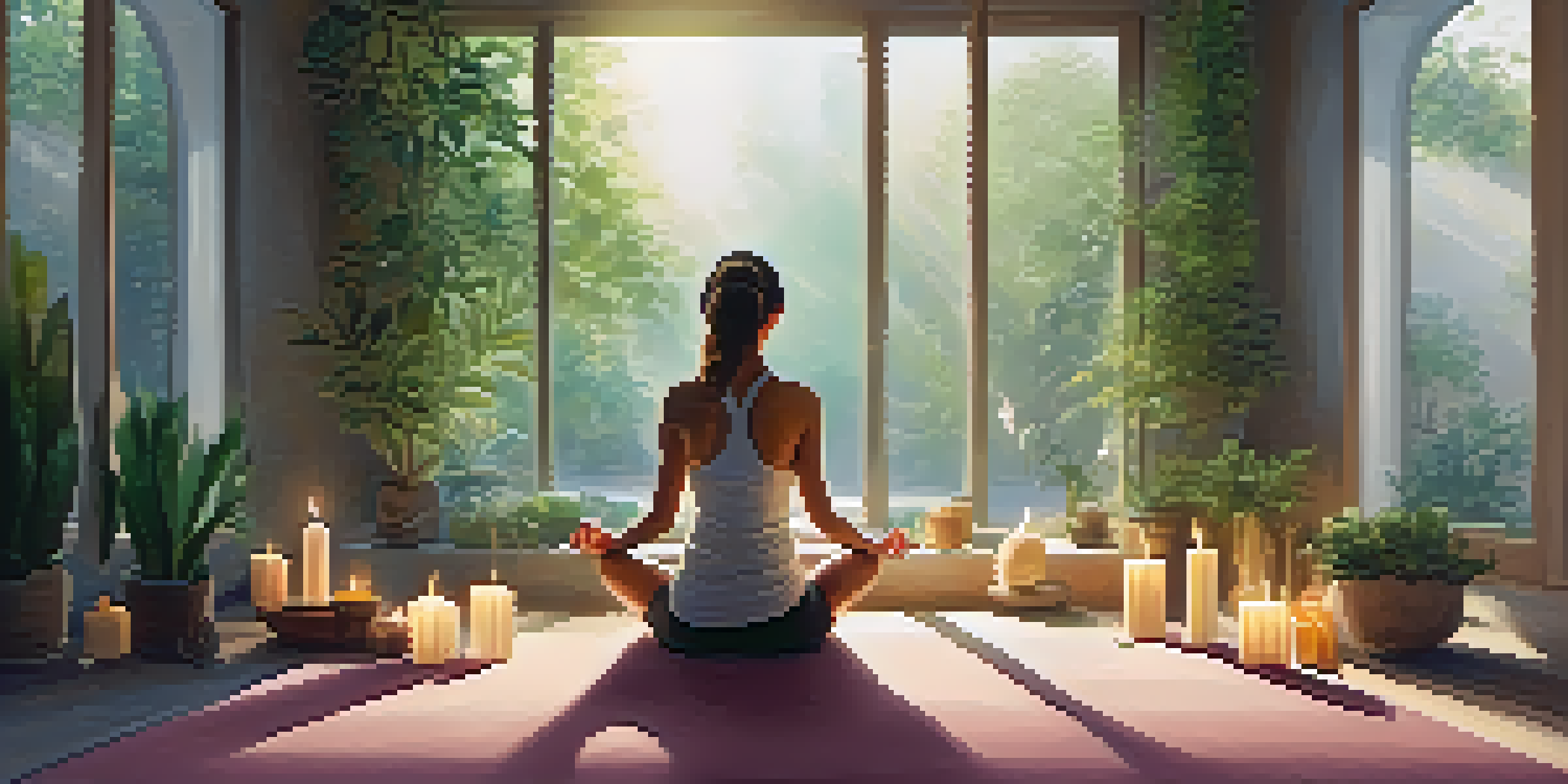 A person meditating in a peaceful room filled with plants and candles, with soft light coming through a window.