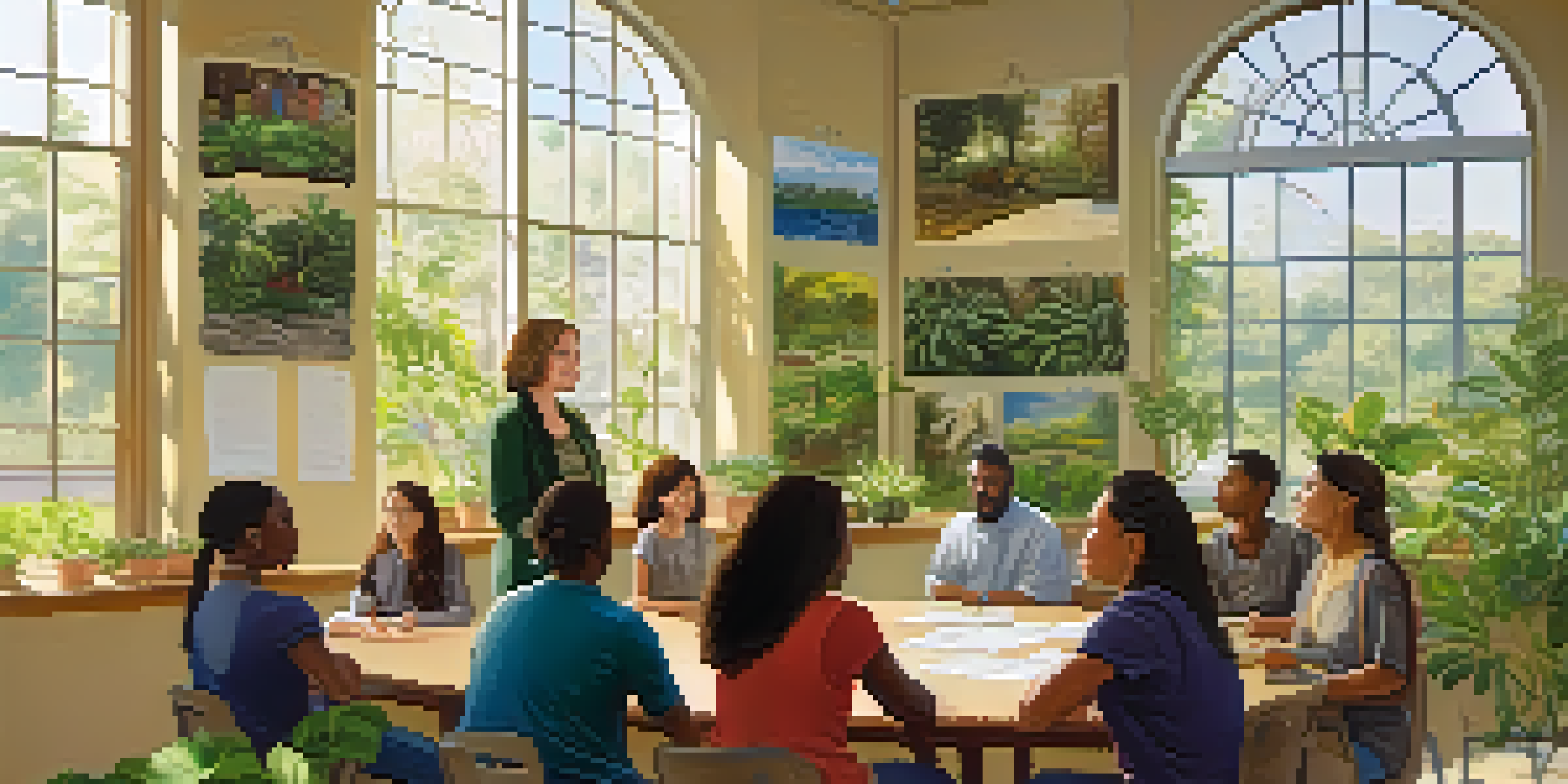 A warm and inviting classroom with diverse adult students engaged in discussion, a female teacher leading the conversation, and natural light illuminating the space.