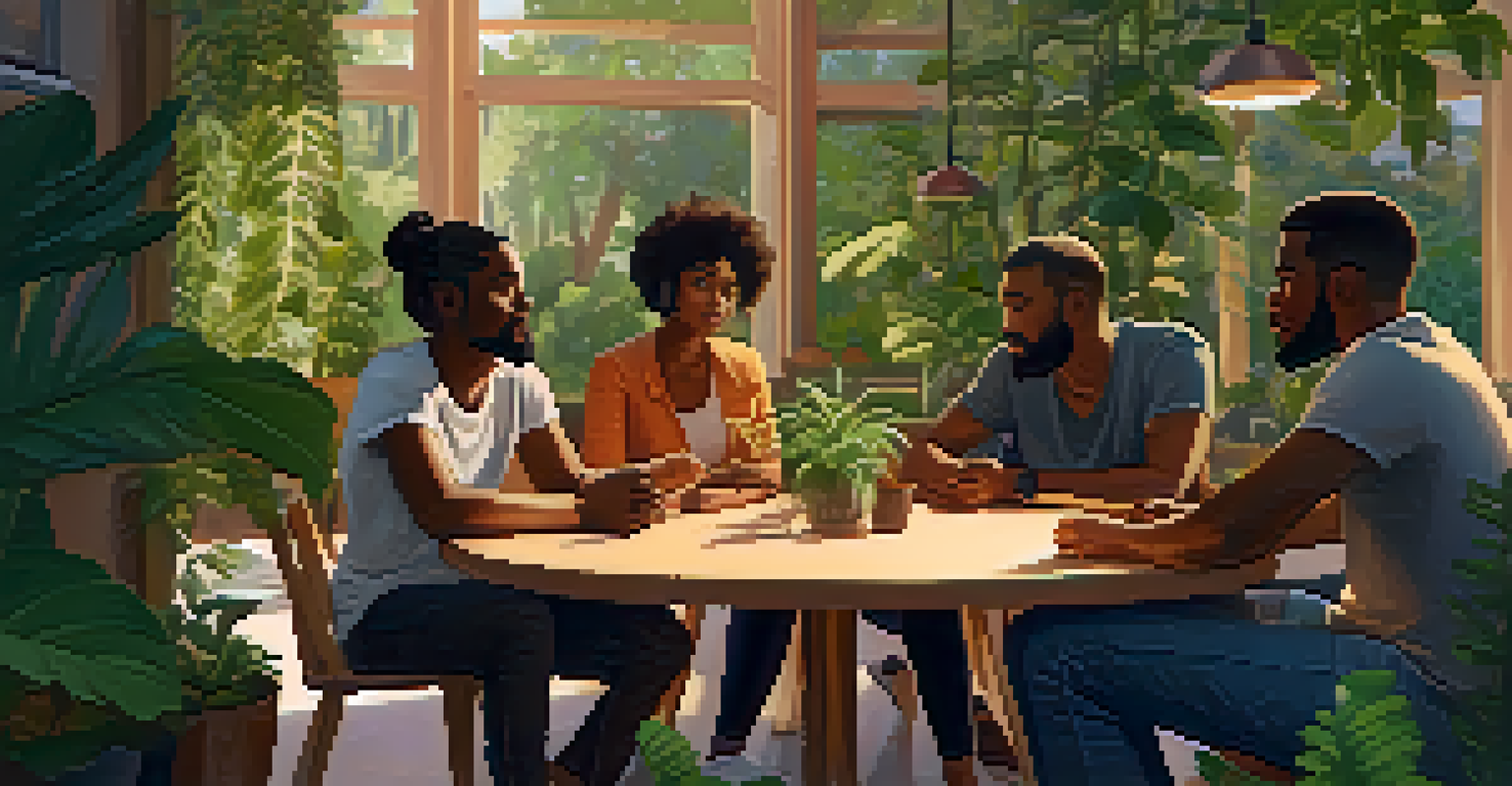 A diverse group of people sitting in a circle, discussing in a cozy, plant-filled community space.