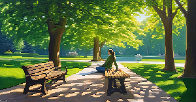 A person sitting on a bench in a park, writing in a gratitude journal surrounded by flowers and trees.
