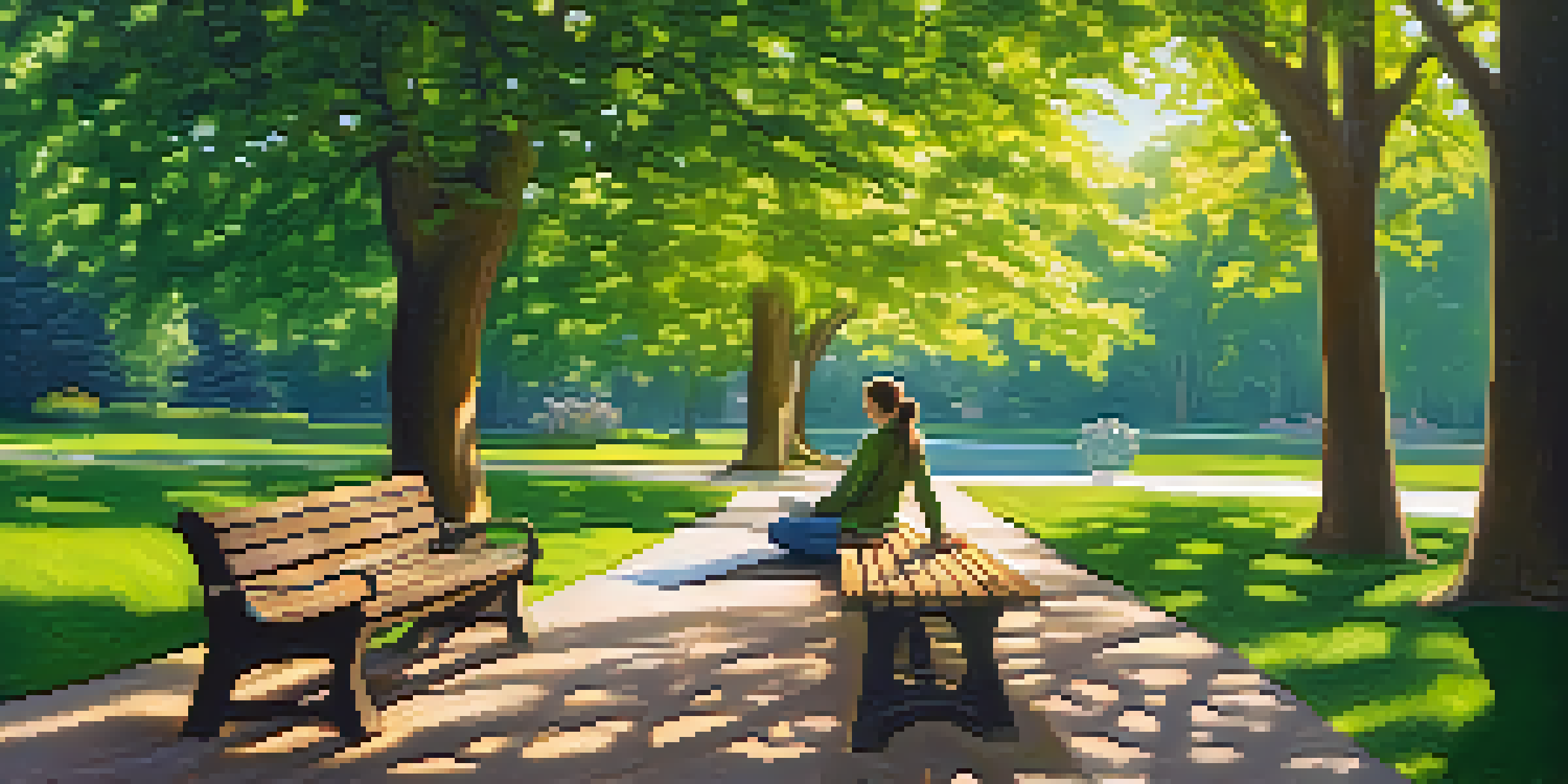 A person sitting on a bench in a park, writing in a gratitude journal surrounded by flowers and trees.