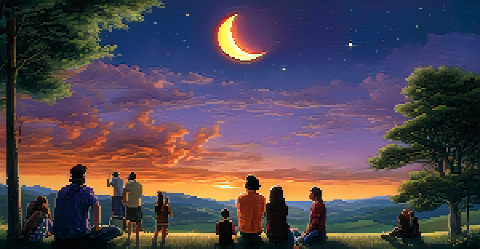 A group of diverse people watching a solar eclipse against a twilight sky, with the sun partially obscured by the moon and rolling hills in the background.