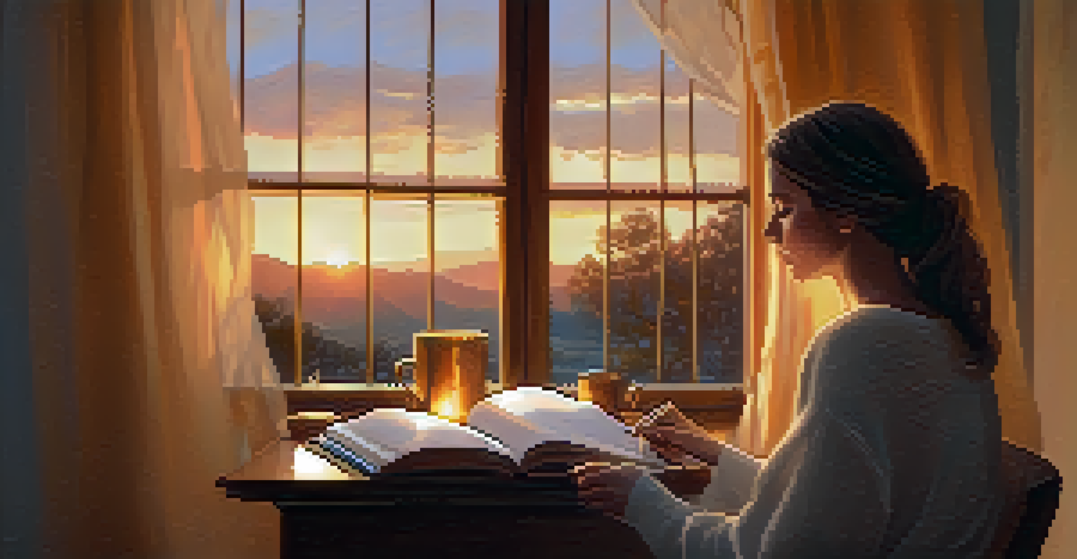 A cozy room with a person writing in a gratitude journal by a window, with a sunset outside.