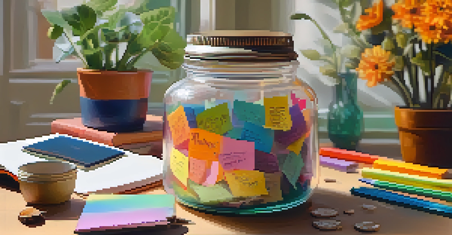 A gratitude jar filled with colorful notes in a cozy living room setting, with a hand reaching towards it.