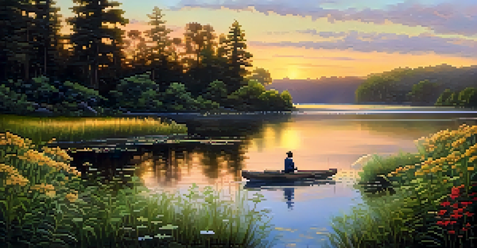 A tranquil landscape with a lake, greenery, and an artist painting the scene during sunset.