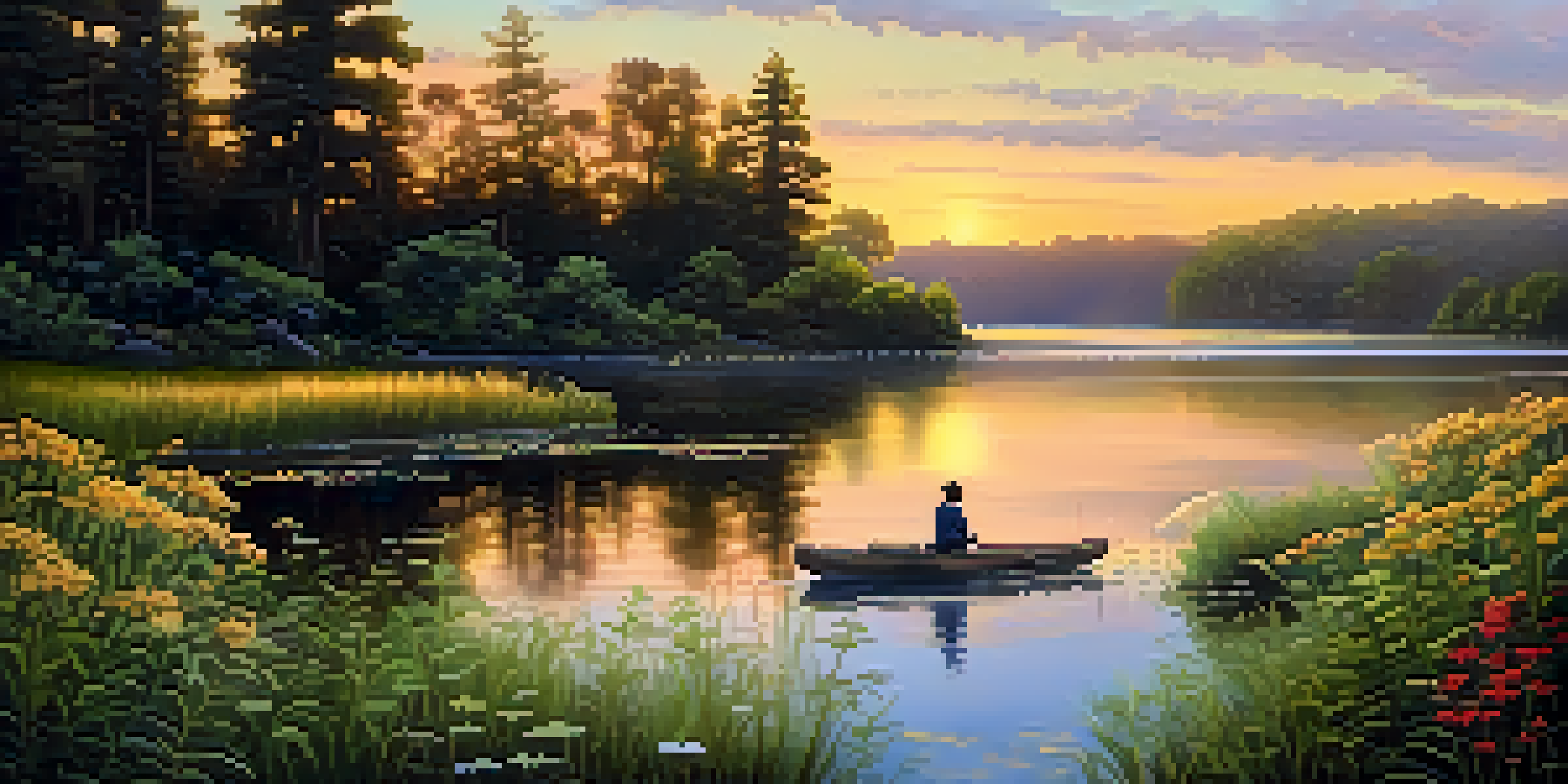 A tranquil landscape with a lake, greenery, and an artist painting the scene during sunset.
