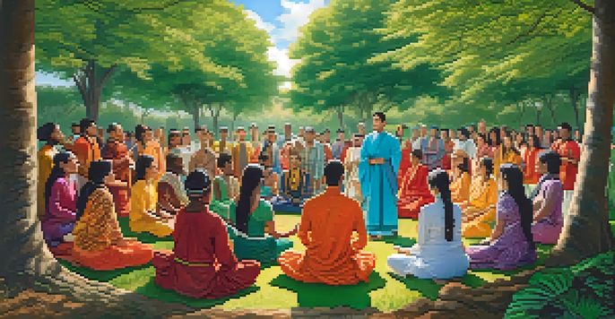 A diverse group of individuals in traditional attire engaged in a spiritual gathering in a lush natural setting, surrounded by trees and under a clear sky.